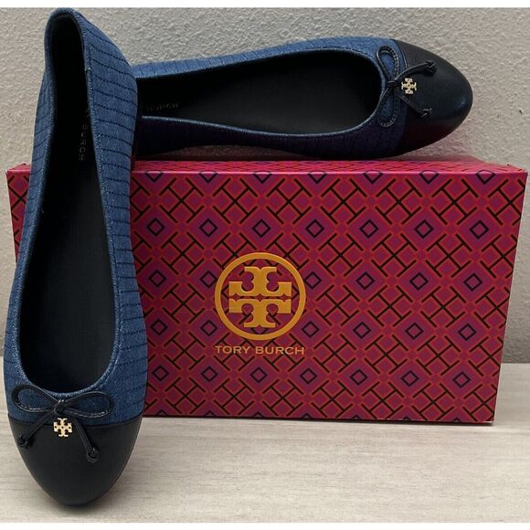 Tory Burch NIB Sz 9 Flats Cap-Toe Quilted Ballet Dark Blue Leather Denim Shoes - Picture 1 of 11